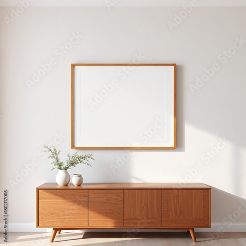 frame mockup of a blank canvas in a dining room stylish wall art above buffet with textured plaster walls in pastel colors showcasing a mid-century modern aesthetic high quality 3D render collection