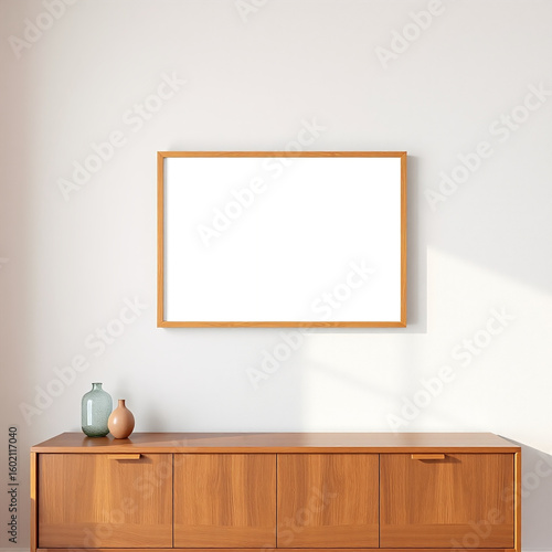 frame mockup in a dining room showcasing a blank canvas on textured plaster wall with pastel tones mid-century modern aesthetic perfect for wall art display versatile interior design 3d rendering