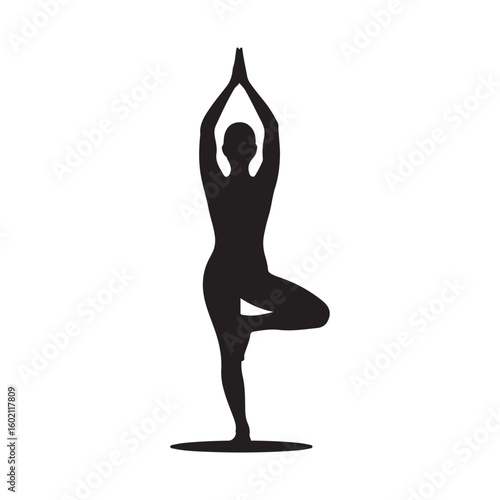 Yoga tree pose silhouette on white background