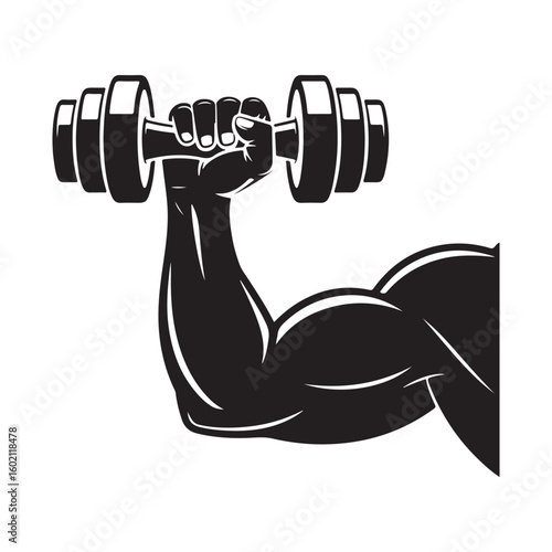 Strong arm holding dumbbell black and white illustration