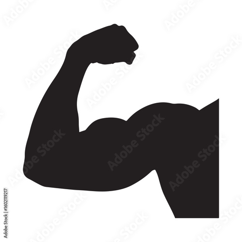 Black silhouette of muscular arm flexing on white