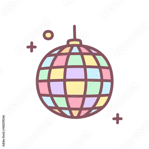 Cute disco ball icon. Hand drawn illustration of a shiny pastel disco ball with sparkles isolated on a white background. Kawaii sticker. Vector 10 EPS.
