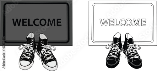 Welcome doormat shoes vector illustration front door entrance footwear fashion canvas sneakers laces