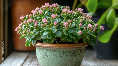 Wallpaper Mural Potted Succulent Plant with Pink Flowers on Rustic Wooden Table Torontodigital.ca