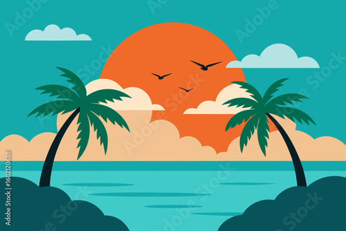 tropical beach sunset stylized