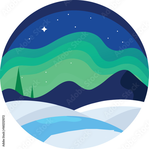 Vibrant Aurora Borealis over a snowy mountain landscape at night, a magical winter vector illustration.