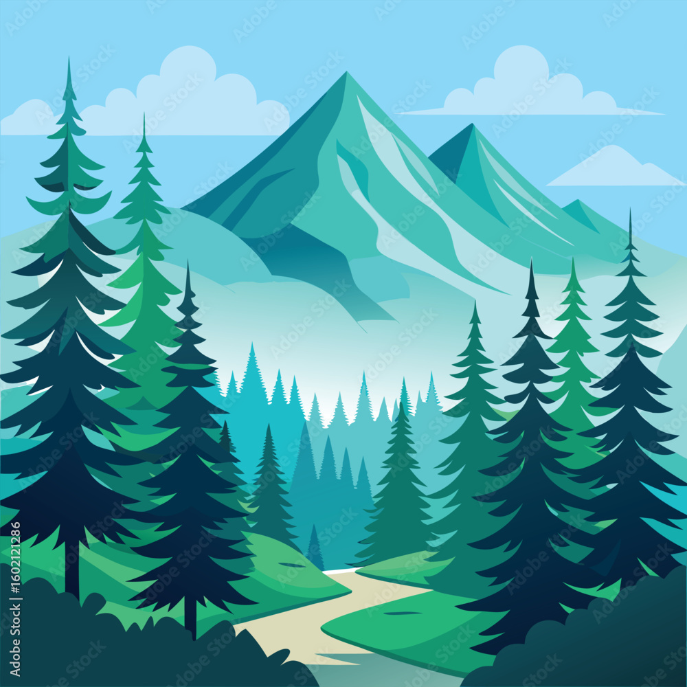 Fototapeta premium Serene mountain valley landscape with evergreen trees, a winding trail, and distant peaks under a blue sky