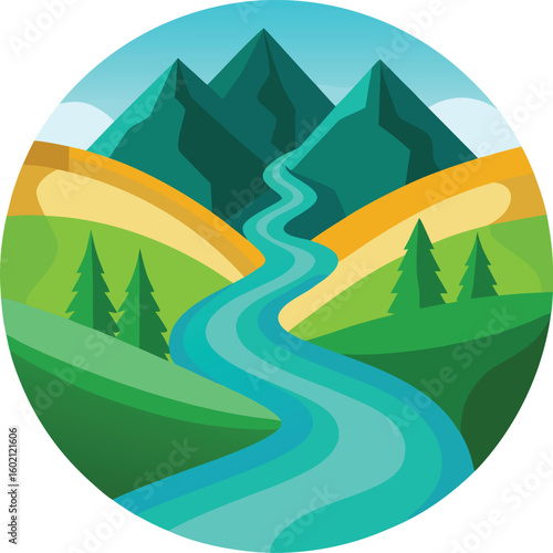 Vibrant vector landscape in a circular emblem showing a winding river, green hills, and majestic mountain peaks.