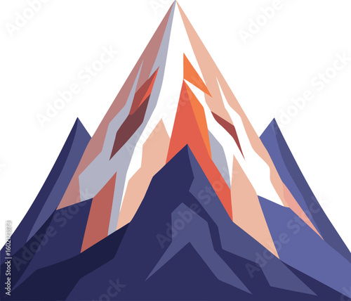 Geometric mountain peak illustration with fiery orange and red hues, an abstract symbol of adventure and summit.