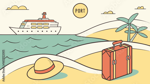Cruise ship at port with suitcase and hat on beach