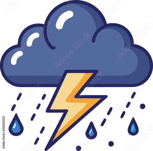 Stylized illustration of a dark storm cloud with a bright yellow lightning bolt and falling raindrops, representing bad weather