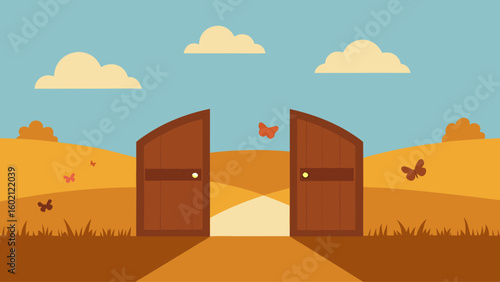 open barn doors sunlit field haystack rural countryside