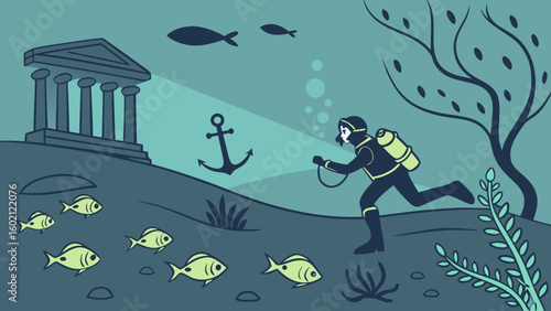 Diver explores underwater ruins with ancient temple and marine life