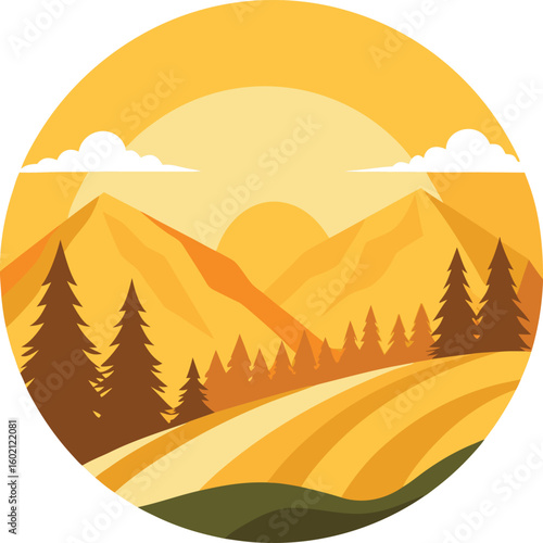 Golden hour sunset over a serene mountain range and pine forest, a stylized circular vector illustration for nature and travel concepts.
