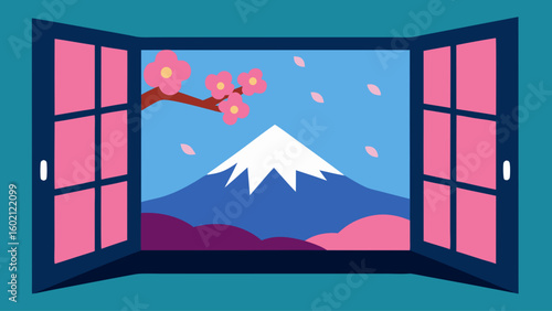 open window view mountain peaks cherry blossom spring