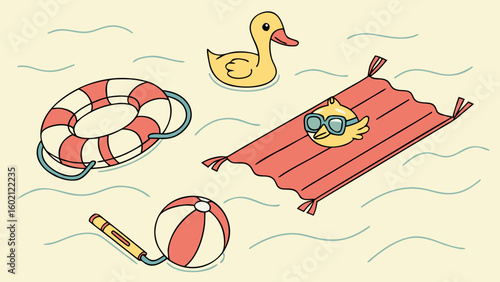 Cute cartoon chick wearing sunglasses on a red inflatable raft with a rubber duck and beach ball in the water