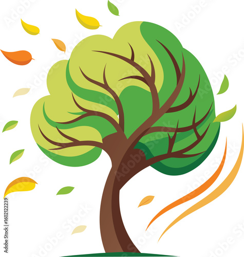Stylized vector illustration of a windy autumn tree with colorful leaves blowing in the breeze on a white background.