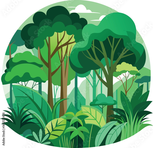 A vibrant and lush green jungle illustration, depicting a dense forest landscape with rich foliage and tropical trees.