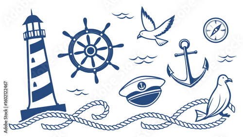 Nautical elements including lighthouse ship wheel anchor and seagull