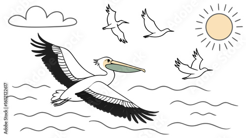 A pelican and smaller birds fly over the ocean under a sunny sky with clouds