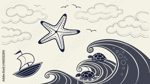 Whimsical ocean scene with starfish turtles sailboat and clouds