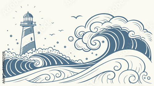 Stylized lighthouse and crashing waves in a nautical illustration