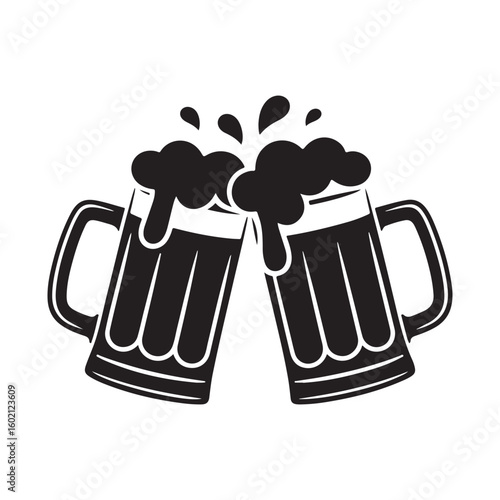 Two beer mugs toasting in black and white vector