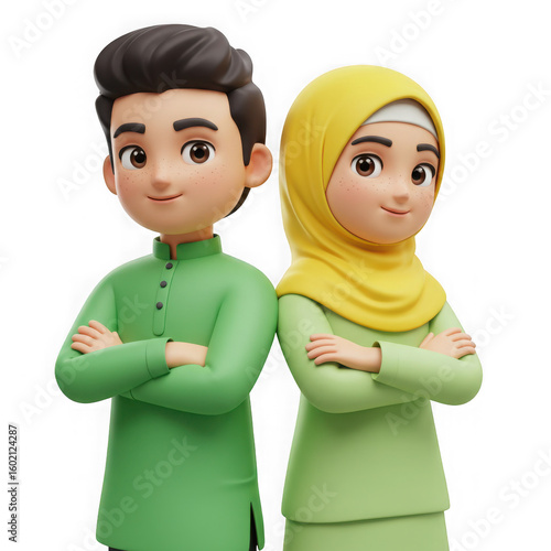 Joyful muslim couple in traditional green attire with arms crossed