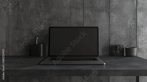 A dark gray laptop sits center on a similarly hued metal desk against a textured concrete wall.  Small, dark objects flank it.  The scene is minimalist and moody
