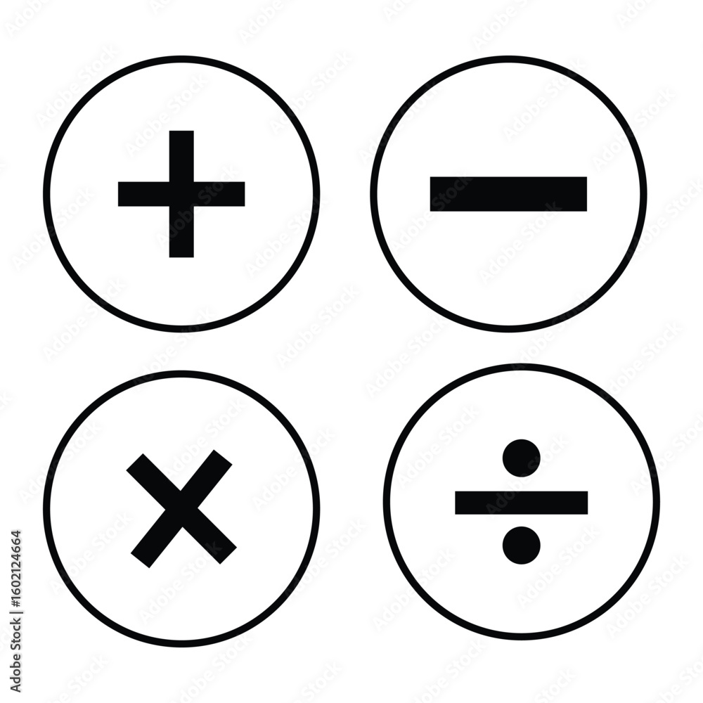 Fototapeta premium Basic mathematical symbol. Plus, minus, multiply, divide icon set. Plus and minus icon set. Math symbol. Plus icon, Minus icon, Multiply icon, Divide icon