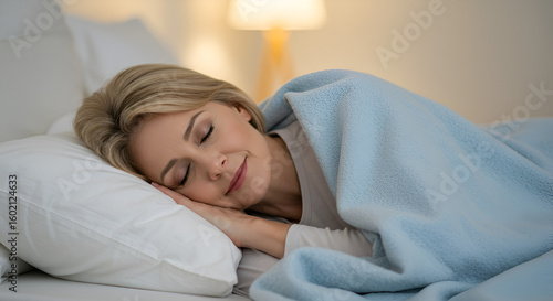 Blonde woman peacefully sleeping in comfortable bed with blue blanket