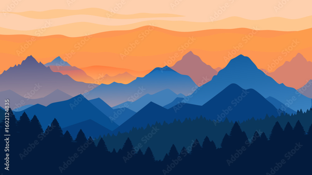 Fototapeta premium Layered Mountain Silhouette at Sunset with Pine Forest - Vector Landscape Illustration