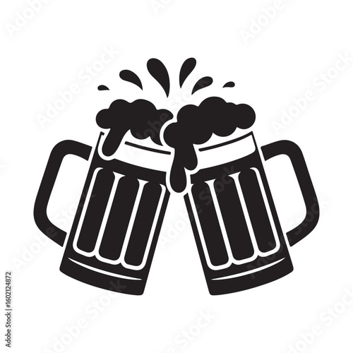 Two beer mugs clinking with foam in black silhouette
