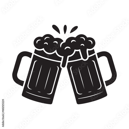Two beer mugs clinking in a toast silhouette