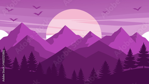 Purple Mountain Landscape with Sunset and Pine Trees - Vector Illustration