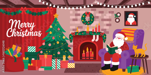 Christmas Living Room Interior Vector with Santa Claus, Fireplace, Armchair, Xmas Tree, Gift Boxes, and Decorations – Cozy Winter Holiday Background for Banner and Seasonal Design

