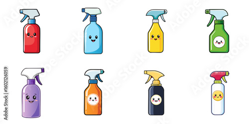Multiple vector illustrations of spray bottles with faces
