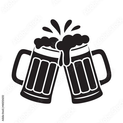 Two beer mugs clinking with foam in black silhouette