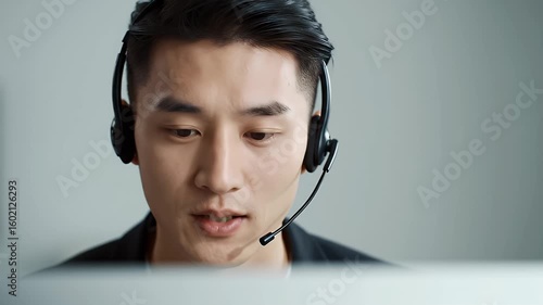 Wallpaper Mural Close Up of a Focused Young Asian Man Wearing a Headset in a Business Setting with Grey Background Torontodigital.ca