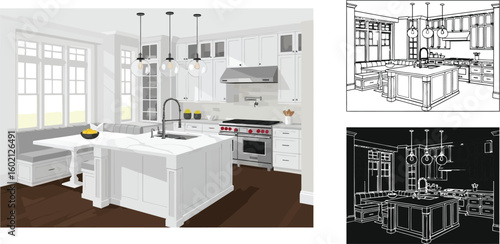 Modern kitchen design with island and breakfast nook in white color scheme for home interior style