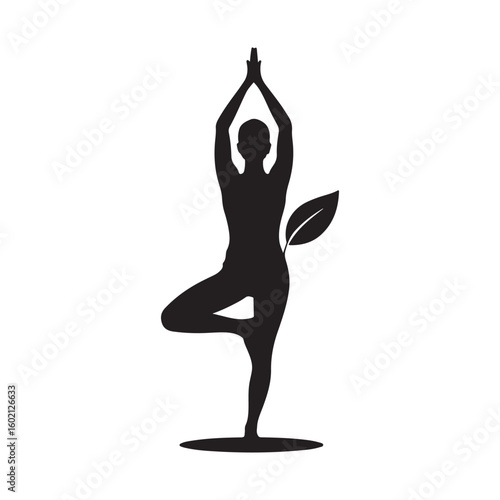 Yoga Tree Pose Silhouette with Leaf Symbol