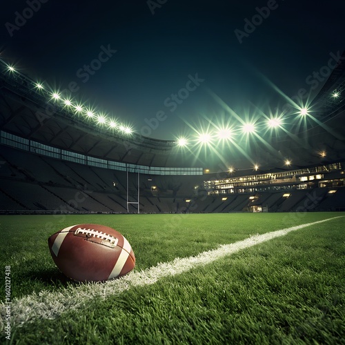 American football on a green grass field with a brown leather ball, ready for game play and team competition