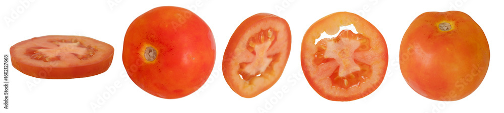 Fototapeta premium Whole tomato with multiple sliced pieces isolated on white background