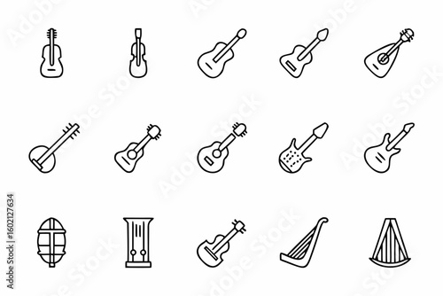 A refined set focusing on the string family, portrayed in elegant, continuous-line style. Ideal for music-themed tattoos, album art, and decor