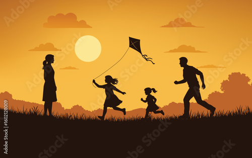 Silhouette of a happy family flying kite at sunset in a field – vector illustration