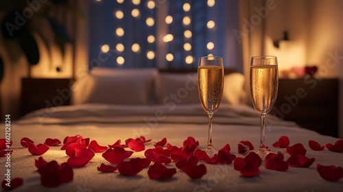 Romantic getaway champagne rose petals bedroom lights valentines day celebration anniversary surprise hotel 100 silhouette