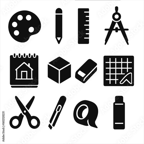 Design ruler icons compass workshop model tape cutting color pencil scissors icon
