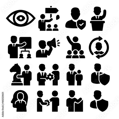 Leadership influence delegation set mentorship responsibility adaptability vision accountability vector icon strategic