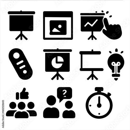Pitch idea deck screen projector icon vector set presentation audience hand