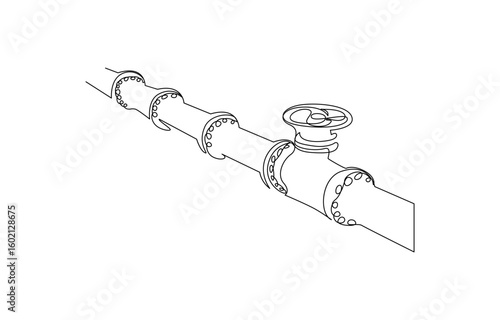 Piping System Line Art Industrial Valve and Pipe Fittings, Pipeline with Valve, Gas oil pipeline continuous line art drawing
